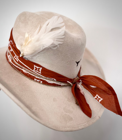 Rustic Glam Twine and Bandana Ivory Suede Cowboy Hat