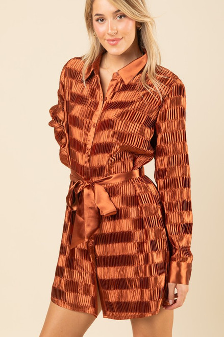 Burnt Orange Pleated Satin Mini Dress