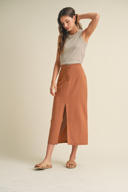 Burnt Orange Linen Midi Skirt