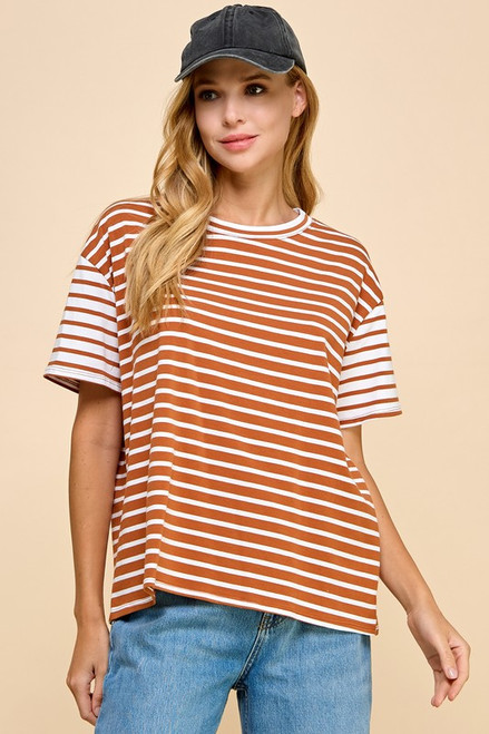 Burnt Orange White Striped Short Sleeve Top