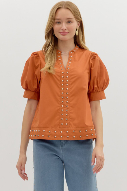 Burnt Orange Stud Accent Puff Sleeve Top Burnt Orange Stud Accent Puff Sleeve Top