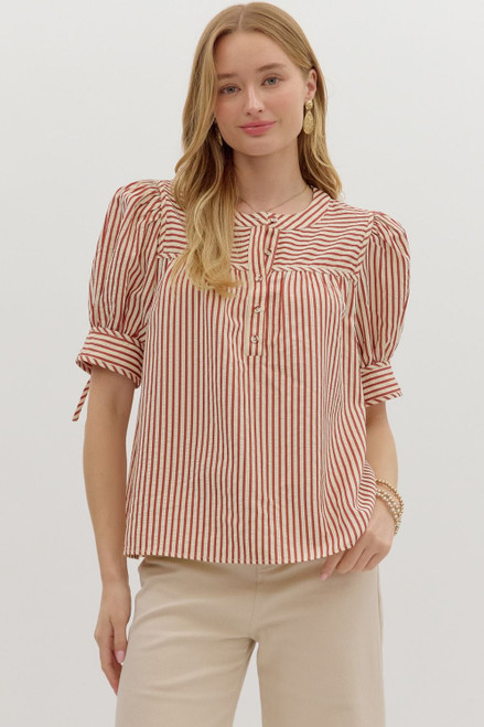 Rust Striped Puff Sleeve Top