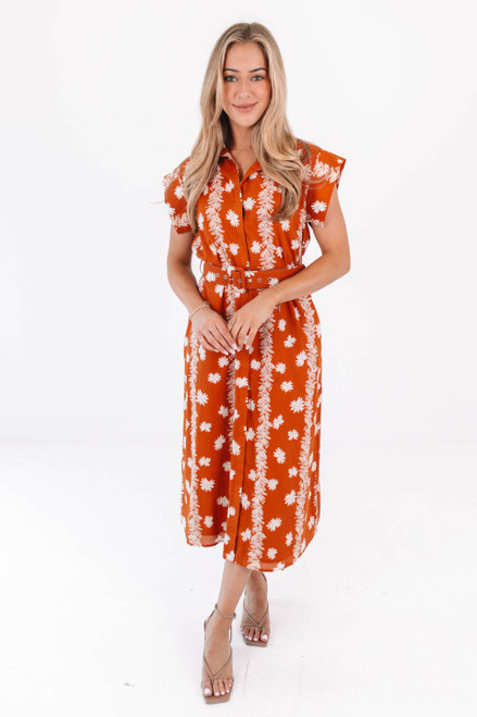 Burnt Orange Aubrey Belted Midi Dress Burnt Orange Aubrey Belted Midi Dress