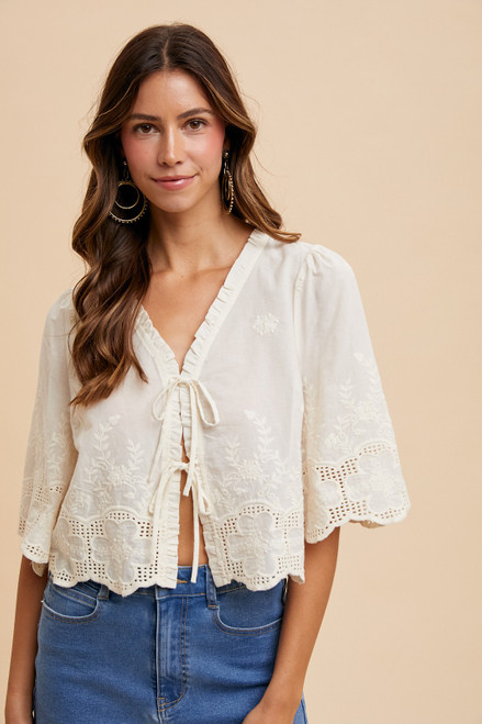 Ivory Embroidery Tie Front Top