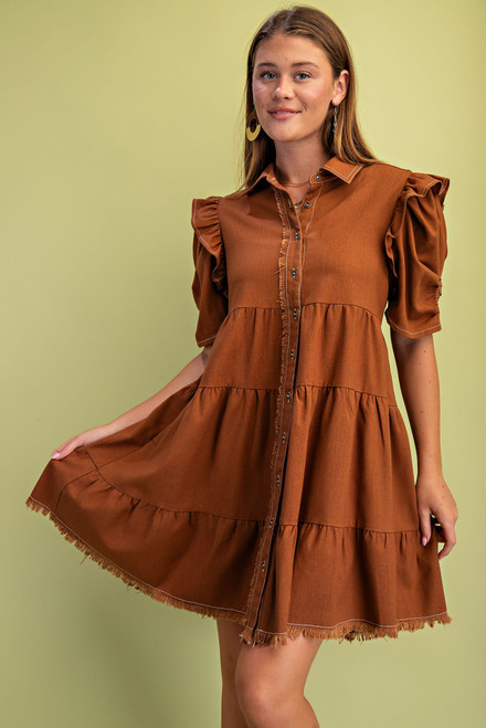 Burnt Orange Linen Button Down Dress