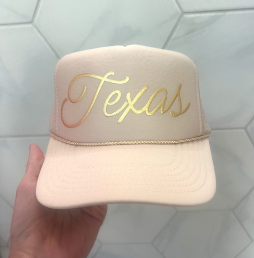 Tan Trucker Hat with Texas Script