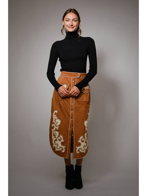 Suede Embroidered Midi Skirt