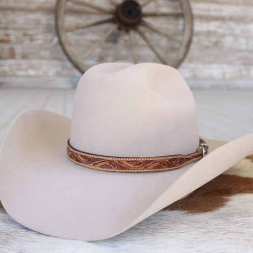 Brown Tooled Leather Buckle Hat Band
