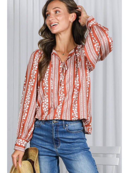 Rust White Floral Long sleeve Top
