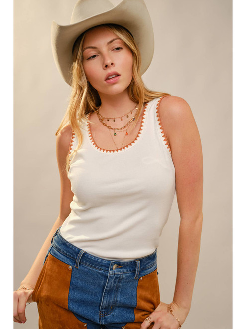 White Tank Burnt Orange Neck Stitching
