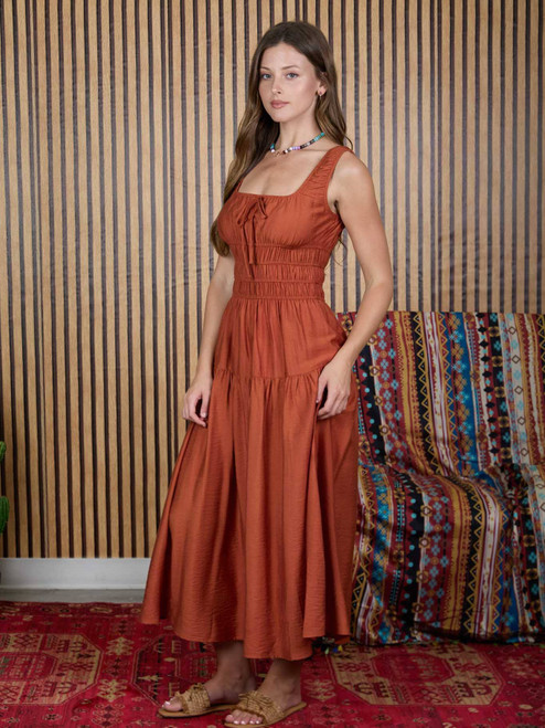 Rust Front Tie Shirred Waist Midi Dress
