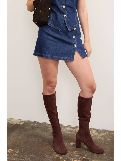 Gold Button Side Slit Denim Skort