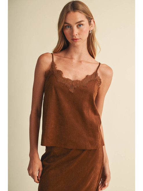 Brown Lace Trim Suede Cami