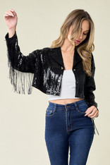 Black Sequin Fringe Crop Jacket