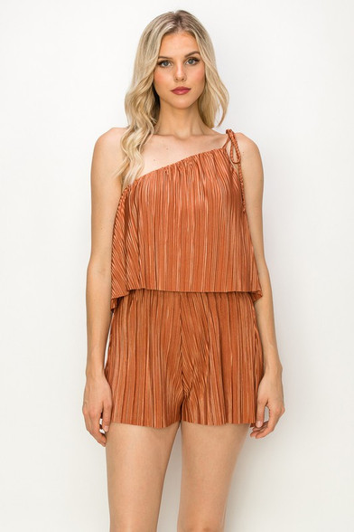 Burnt Orange One Shoulder Pleated Romper - Longhorn Fashions