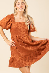 Burnt Orange Square Neck Jacquard Dress