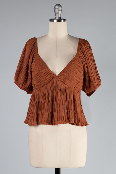 Burnt Orange Puff Sleeve V-neck Top - Longhorn Fashions