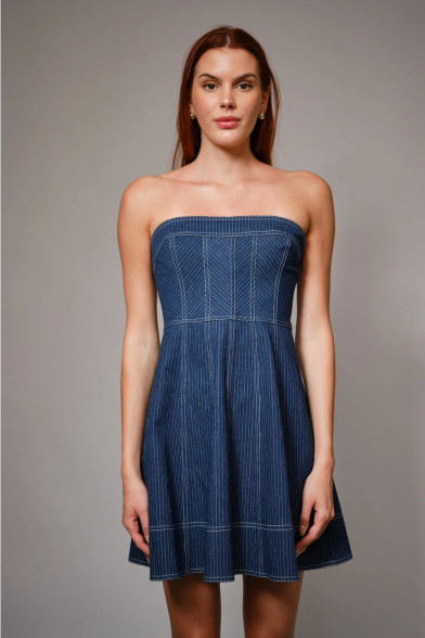 denim blue strapless dress The Jean Dress: Strapless Ruffle Denim Dress Large / Navy