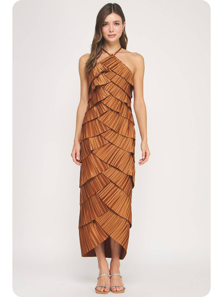 Pleated Satin Tiered Midi Dress