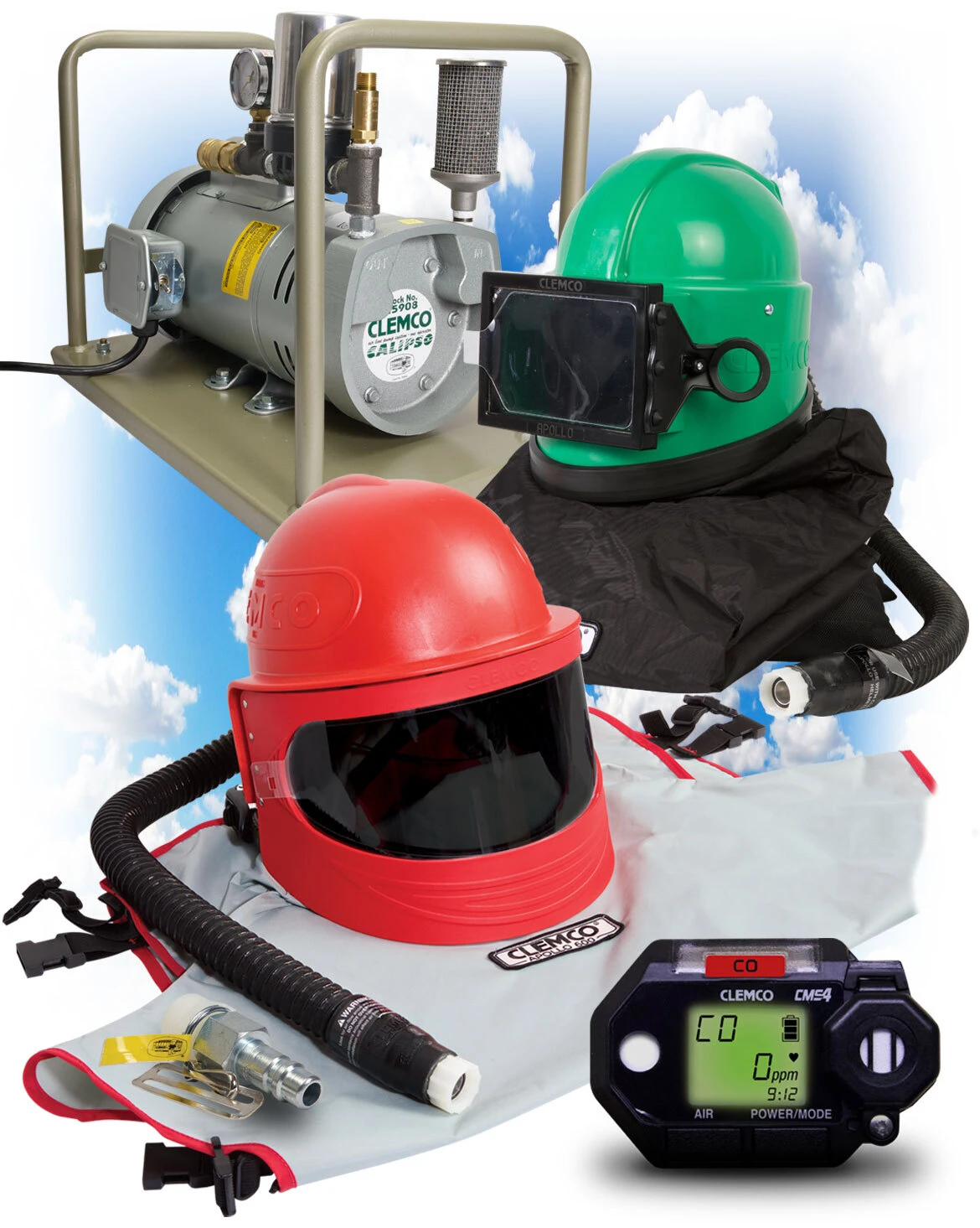 a group of helmets and equipment