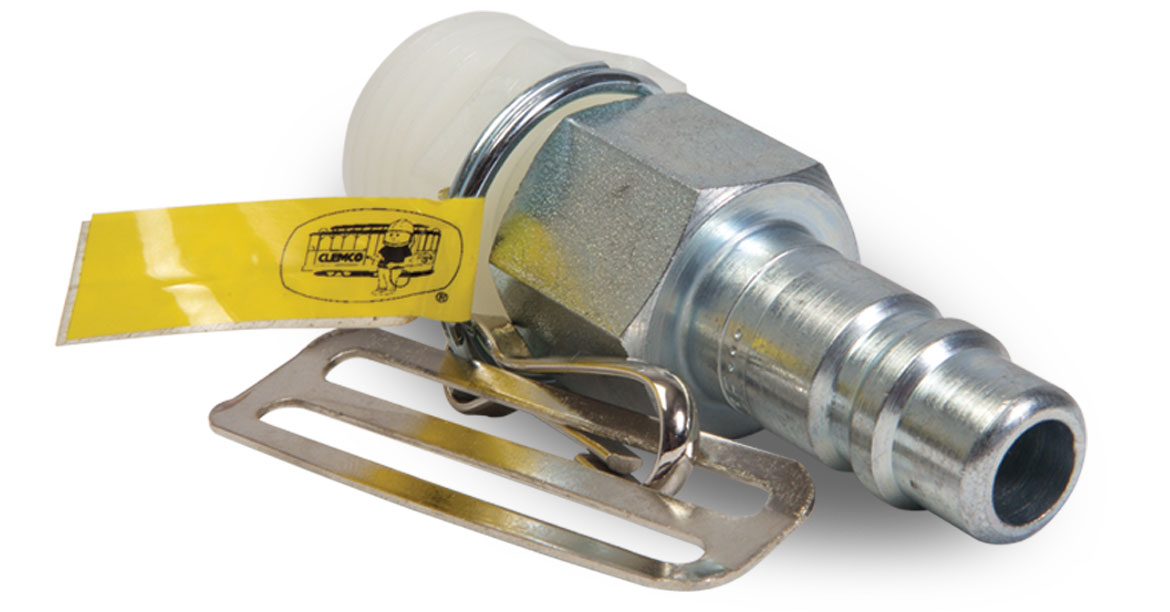 Constant Flow Connector a metal connector with a yellow label