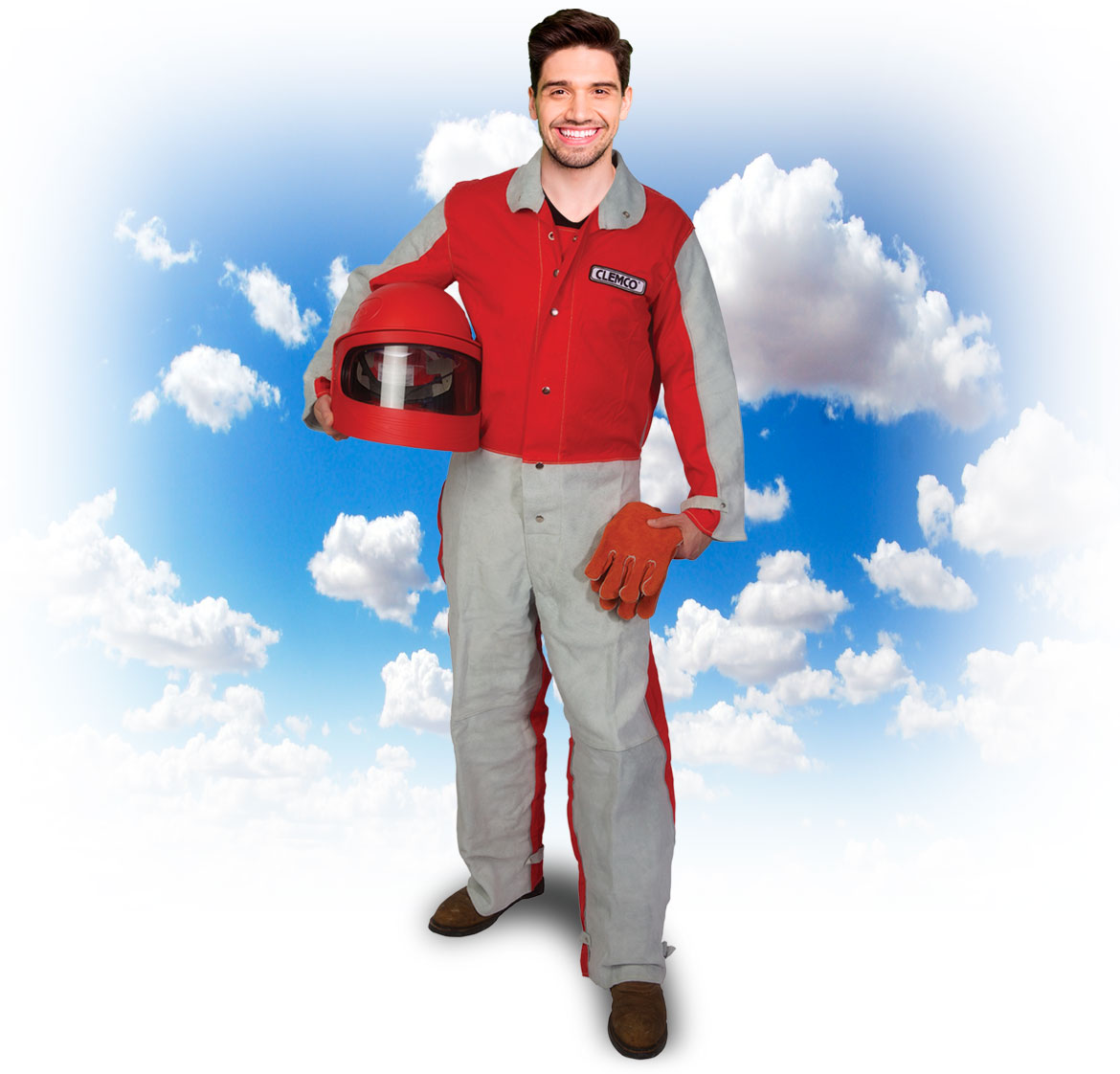 a person in a red and grey jumpsuit holding a helmet