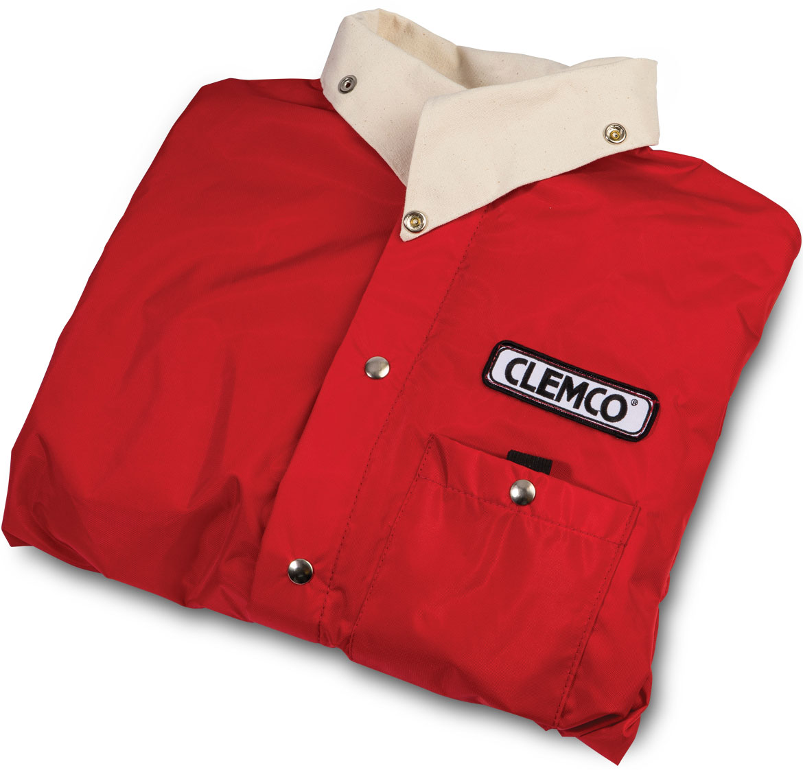 a folded red jumpsuit with a white collar