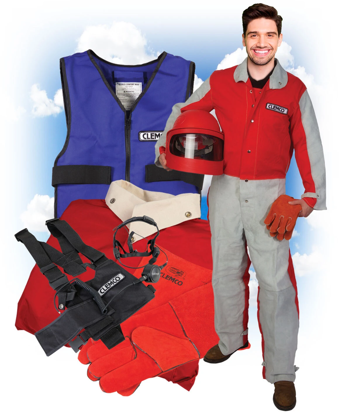 a person in a red and grey jumpsuit with a helmet and gloves