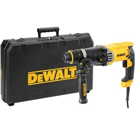 DEWALT D25144K-QS 900W 28mm rotary hammer featuring a quick-change chuck system, shown with both the SDS-Plus holder and the 13mm keyless chuck, including a heavy-duty carrying case.