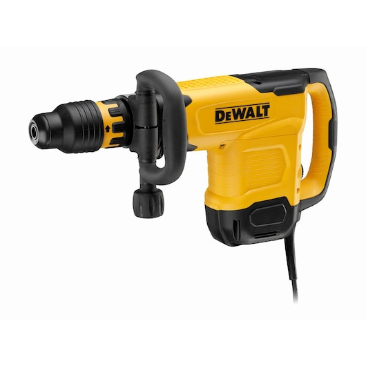 DEWALT D25881K-QS 1600W 10kg L-shape demolition hammer featuring an SDS-MAX tool holder, variable speed dial, and SHOCKS active vibration control handles, shown in a heavy-duty carrying case.