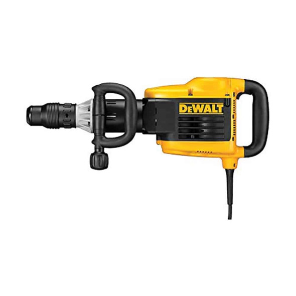 DEWALT D25899K-GB 1500W 10kg demolition hammer featuring a streamlined in-line design, magnesium housing, and large rocker switch, shown in a heavy-duty carrying case.