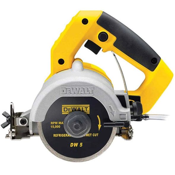 DEWALT DWC410-QS 1300W handheld tile saw featuring a 110mm diamond blade, water feed system with adjustable valve, and a 45-degree bevel capacity base.