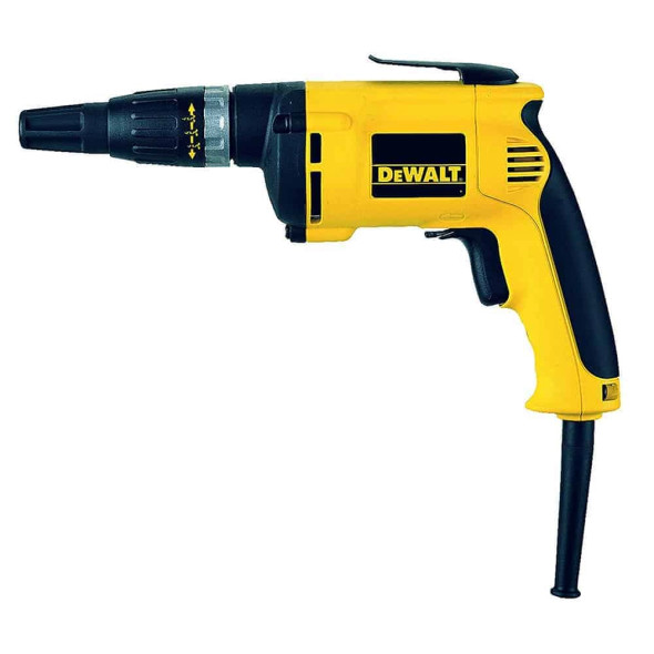 DEWALT DW274KN-QS 540W drywall screwdriver featuring a removable depth-sensitive nosepiece, silent safety clutch, and ergonomic soft-grip handle, shown with a heavy-duty carrying case.