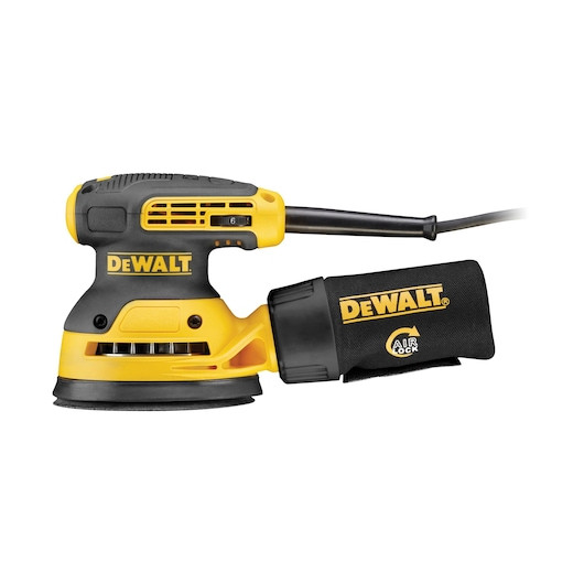 DEWALT DWE6423-B5 125mm random orbit sander featuring a variable speed dial, dust-sealed switch, and a built-in dust bag with Airlock™ connector.