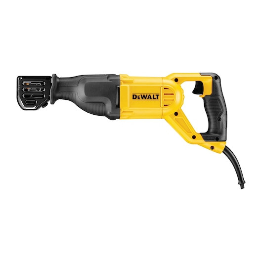 DEWALT DWE305PK-B5 1100W reciprocating saw featuring a 4-position lever-action blade clamp, variable speed trigger, and heavy-duty carrying case.