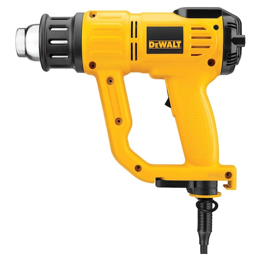 DEWALT D26414-GB 2000W digital heat gun featuring an LCD display for temperature and airflow settings, a folding kickstand for hands-free use, and two nozzle attachments.