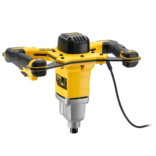 DEWALT DWD241-GB 1800W heavy-duty dual handle paddle mixer featuring a 3-speed dial, variable speed trigger, and M14 threaded connector, shown with a 160mm mixing paddle.