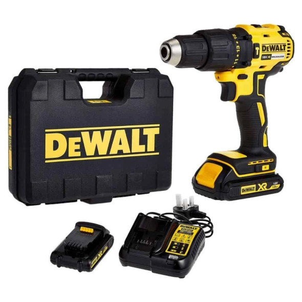 DEWALT DCD778S2-GB 18V XR brushless hammer drill driver featuring a 13mm single sleeve chuck, 2-speed transmission, and LED work light, shown with two 1.5Ah batteries and a charger in a heavy-duty kit box.