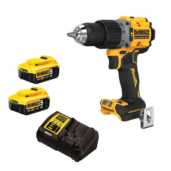 DEWALT DCD805P2T-GB 18V XR brushless hammer drill driver featuring a 13mm metal chuck, 2-speed transmission, and pivoting LED work light, shown with two 5.0Ah batteries and a charger in a TSTAK kit box.