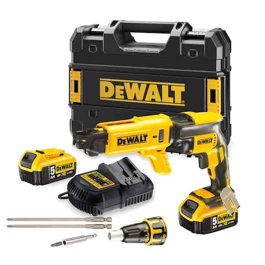 DEWALT DCF620P2K-GB 18V XR brushless drywall screwdriver featuring the DCF6201 collated screw magazine, shown with two 5.0Ah batteries, a charger, and a TSTAK kit box.