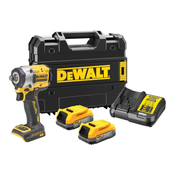 DEWALT DCF921E2T-GB 18V XR brushless compact 1/2" impact wrench with a hog ring anvil, featuring two compact PowerStack batteries, a charger, and a TSTAK carry case.