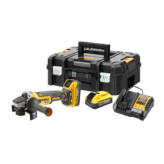 DEWALT DCG409H2T-GB 18V XR brushless 125mm angle grinder featuring FlexVolt Advantage technology, an electronic brake, and E-Clutch, shown with two 5Ah PowerStack batteries and a TSTAK kit box.