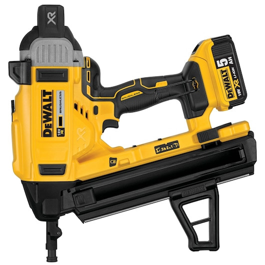 DEWALT DCN890P2-GB 18V XR brushless cordless concrete nailer kit featuring three speed levels, a tool-free stall release, and two 5.0Ah batteries with a charger in a heavy-duty carrying case.