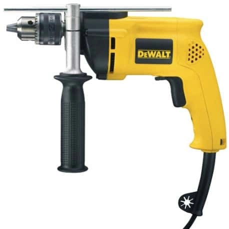 DEWALT DWD112S-B5 701W 10mm rotary drill featuring an all-metal keyless chuck, integrated belt clip, and ergonomic rubber-grip handle.