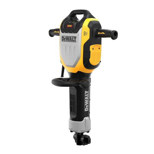 DEWALT D25966-GB 1800W demolition hammer featuring a 28mm Hex tool holder, SHOCKS™ active vibration control, and heavy-duty spring-loaded handles for concrete breaking.