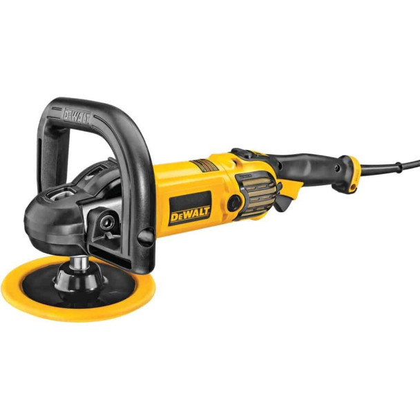 DEWALT DWP849X-B5 1250W rotary polisher featuring a variable speed trigger and dial, rubber gearcase overmold, and wool ingestion shields, shown with a 180mm hook and loop backing pad.