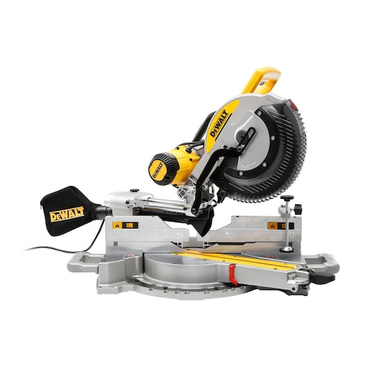 DEWALT DWS780-GB 305mm sliding compound mitre saw featuring dual horizontal rails, XPS Shadow Line cut indicator, and a large dual sliding fence for maximum material support.