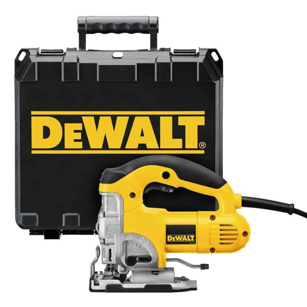 DEWALT DW331K-GB 701W top handle jigsaw featuring a variable speed trigger, 4-stage orbital action dial, and tool-free keyless blade clamp, shown in a heavy-duty TSTAK-compatible carrying case.