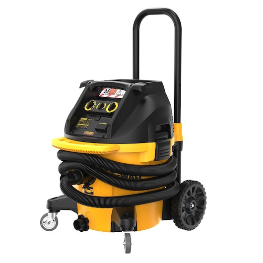 DEWALT DWV905M-GB M-Class 38L dust extractor featuring a dual-filter system with automatic cleaning, TSTAK compatibility, and a heavy-duty hose on a wheeled tank base.