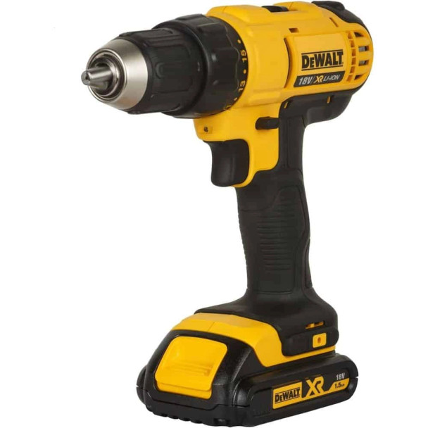 DEWALT DCD776D2T-GB 18V XR cordless hammer drill driver featuring a 13mm single sleeve chuck, 2-speed all-metal transmission, and integrated LED, shown with two 2.0Ah batteries and a charger in a TSTAK kit box.